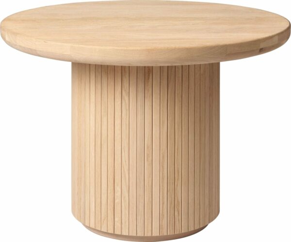 שולחן עץ עגול בצבע טבעי בעל רגל אחת עבה